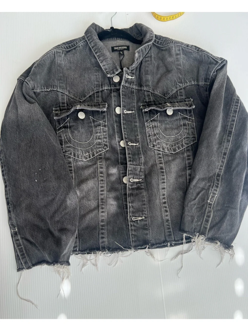 True Religion Oversized Jimmy Denim Jacket Gray Black Raw Hem Men's Medium Y2K
